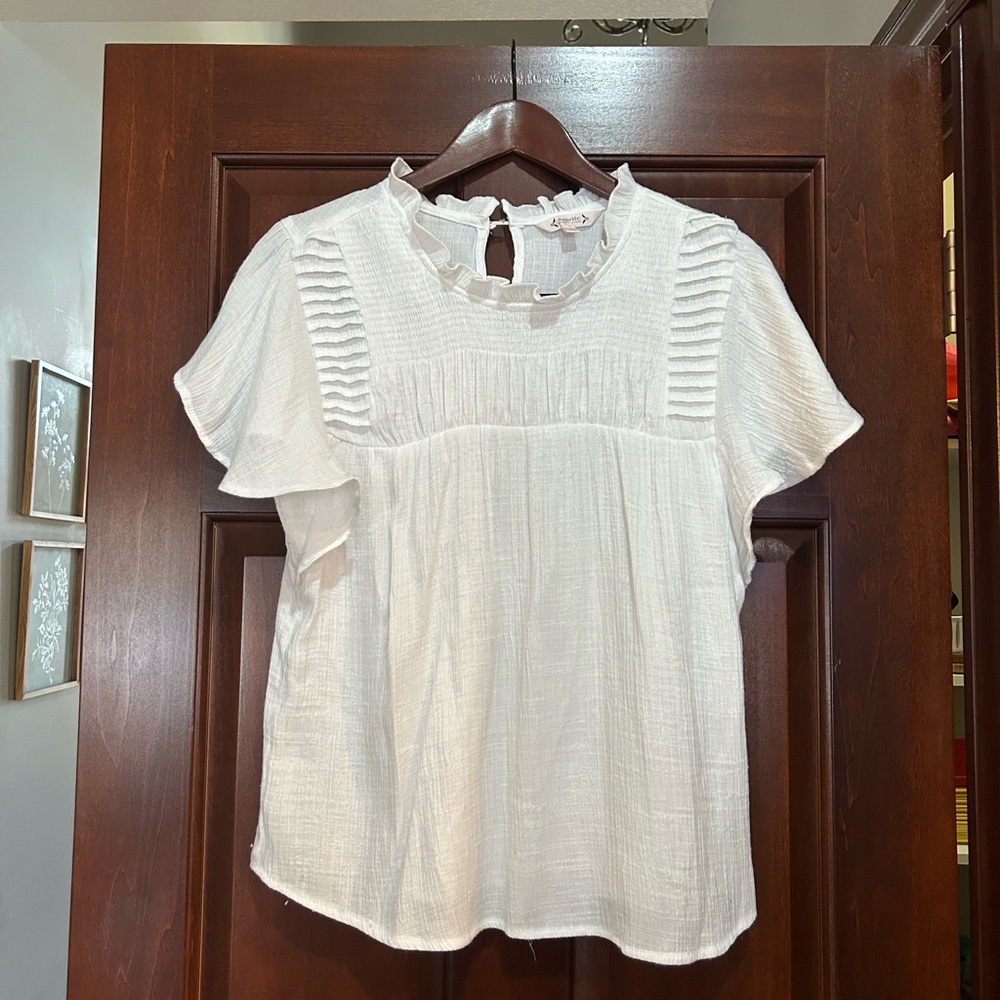 Nanette Lepore Women’s L White Gauze Flutter Sleeve Pintuck Blouse